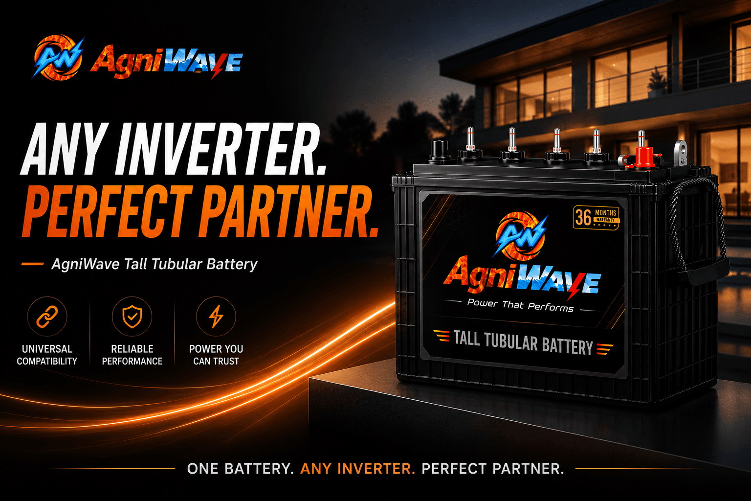 AgniWave tall tubular battery compatible with any inverter promotional banner
