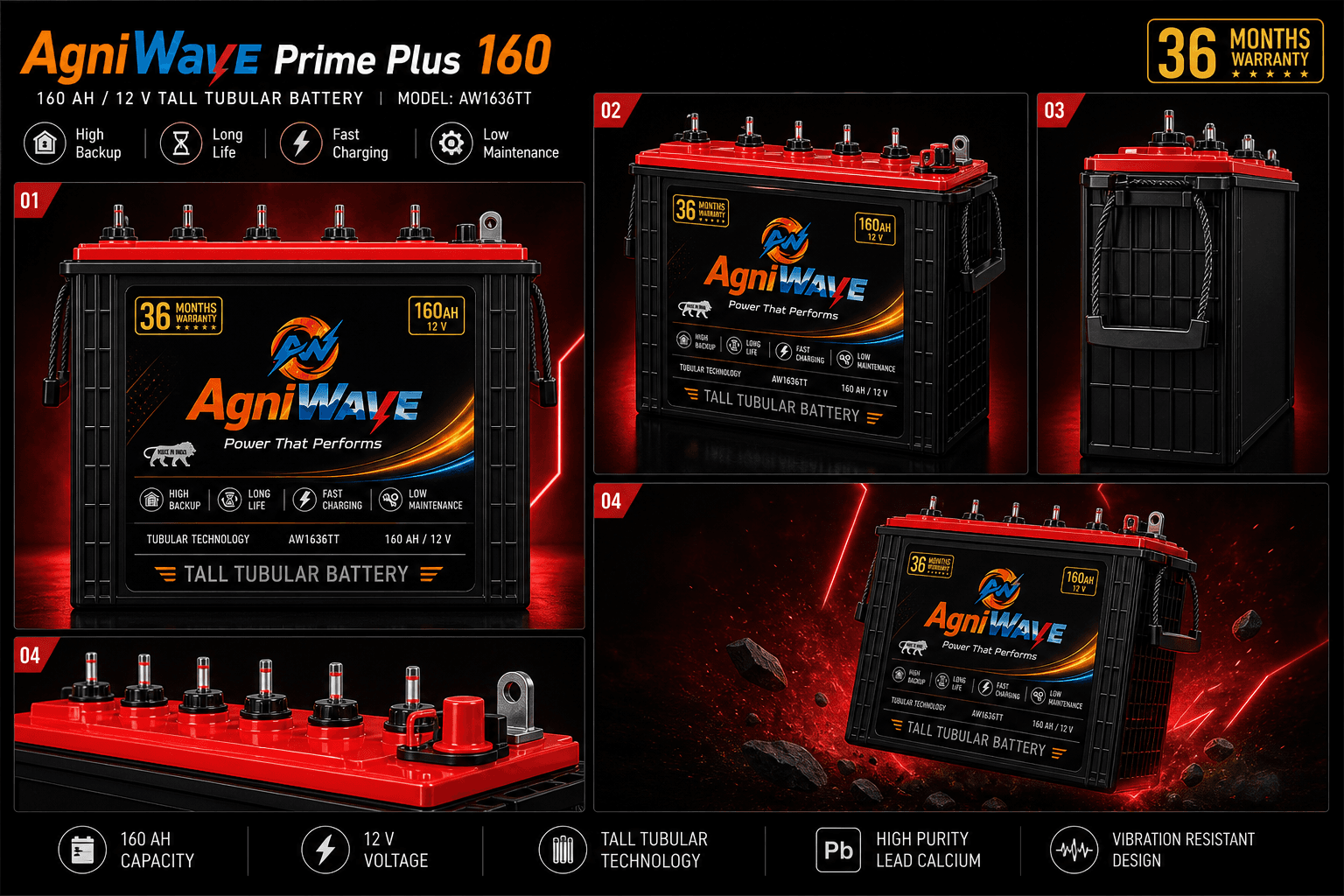 AgniWave PowerMax 200 tall tubular battery product views - view 1